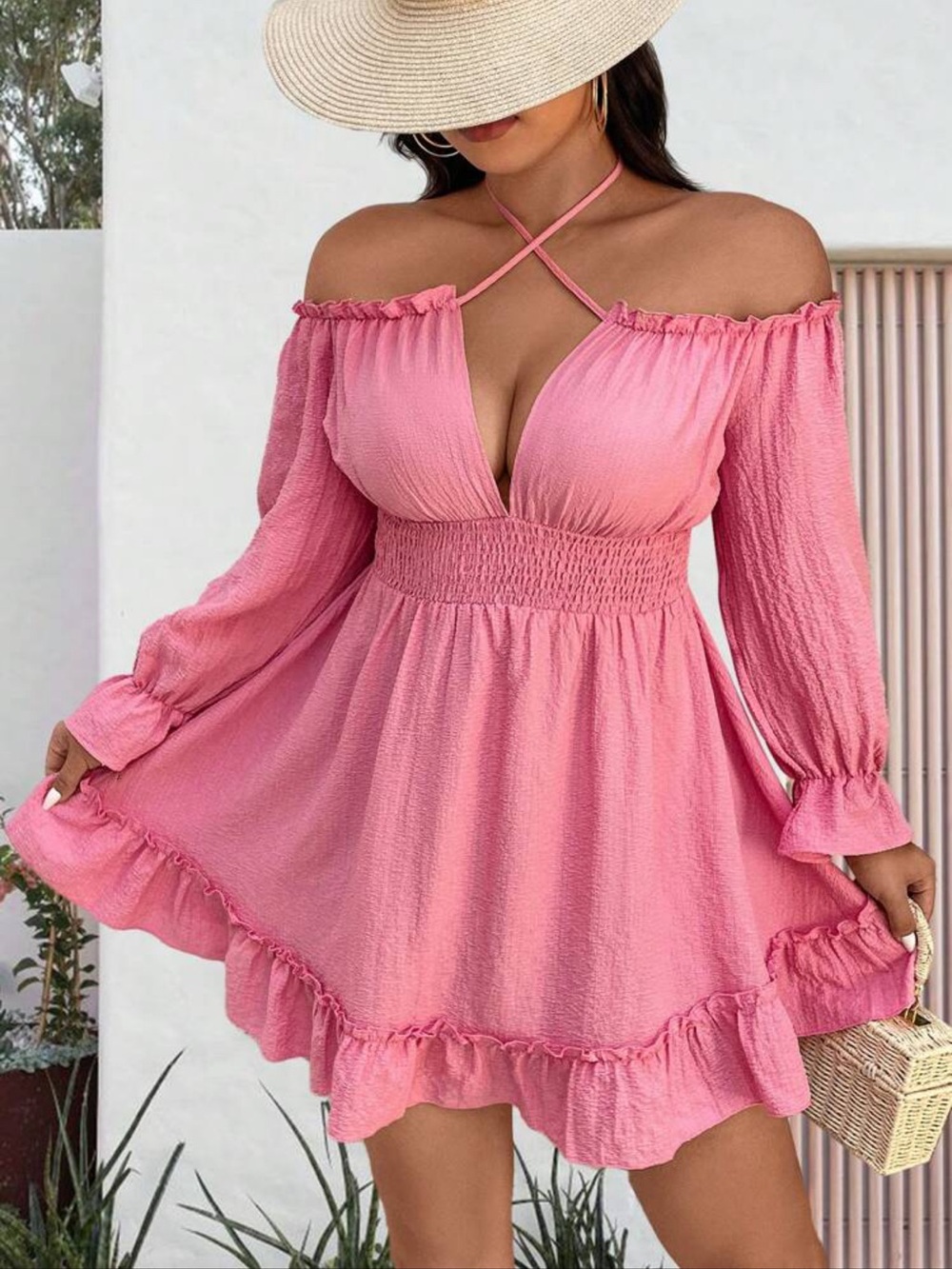 SHEIN Pink Crisscross Off-Shoulder Ruffle Mini Dress